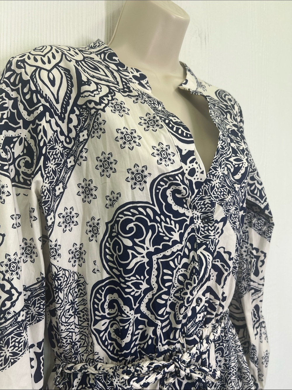 Zara - Navy White Floral Medallion Print Long Sleeve Belted Mini Dress Size Sm - Picture 4 of 10